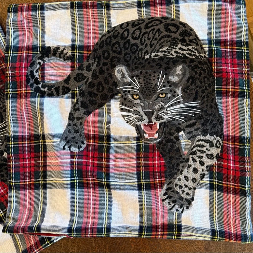 PAIR-Panther embroidered tartan pillow covers William Sonoma home